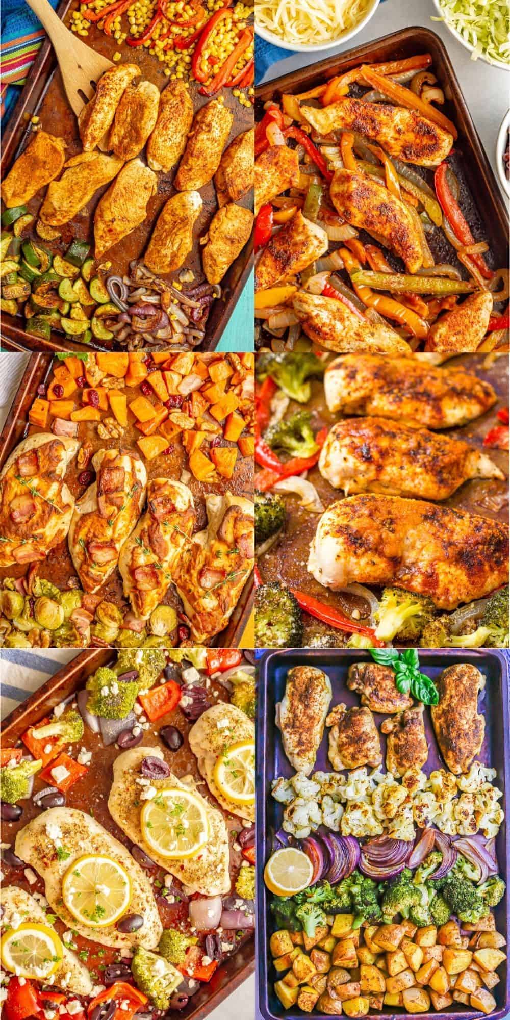 A collage of six different sheet pan chicken dinners