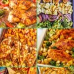 A collage of 10 different sheet pan dinner recipes with a border and text around the photos.