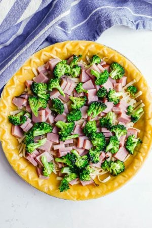 A pie shell filled with cheese, ham and broccoli pieces before being cooked