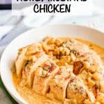 A low white serving bowl with sliced seasoned chicken breasts in a honey mustard sauce with a text overlay on the photo