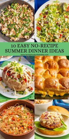 A collage of six photos for easy summer dinner ideas with a text box in the middle of the collage