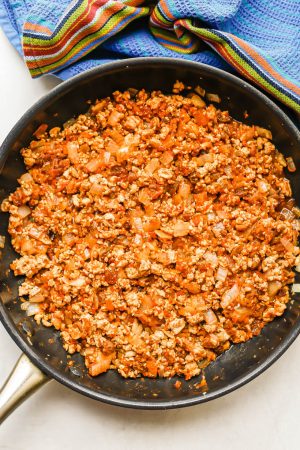 Sautéed ground chicken with onions, salsa and golden raisins in a large dark skillet