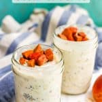 Two small glass jars of peach overnight oats with extra peaches on top and a text overlay on the photo