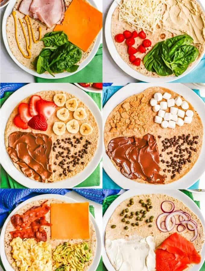 A collage of six different tortilla wraps layered with different ingredients before being folded up