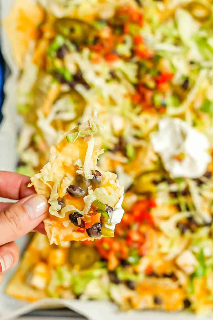 A hand holding up a tortilla chip from a sheet pan full of nachos