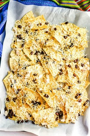 Tortilla chips topped with shredded cheese, chicken and black beans on a parchment paper lined baking sheet