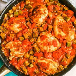 Cajun chicken and okra skillet with tomatoes, onion, green pepper and celery