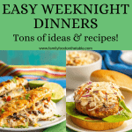 Collage of 6 easy weeknight dinners with a green text block in the middle of the photos