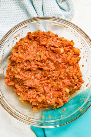 Ground turkey meatloaf mixture in a clear glass bowl