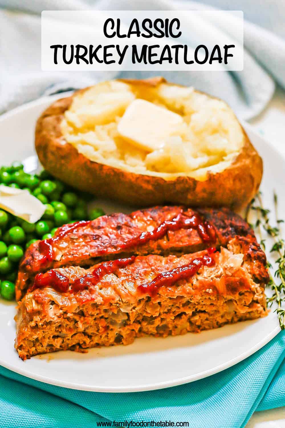 Ground turkey meatloaf slices served on a white plate with a baked potato and green peas and an image overlay on the photo