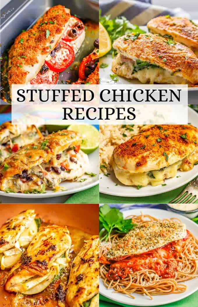 A collage of six different stuffed chicken recipes with a text overlay on the collage