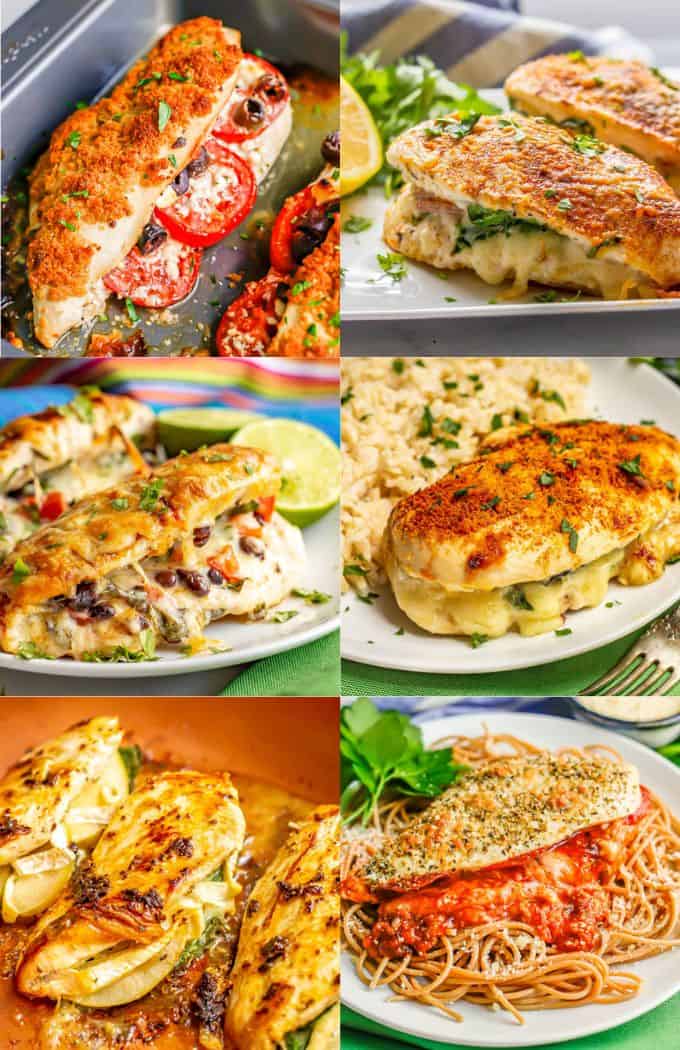 Stuffed chicken is easy to make, fun and tasty and there are so many ways to change up the flavor. Find a new favorite dinner with these 11 delicious recipes! A collage of six different versions of stuffed chicken