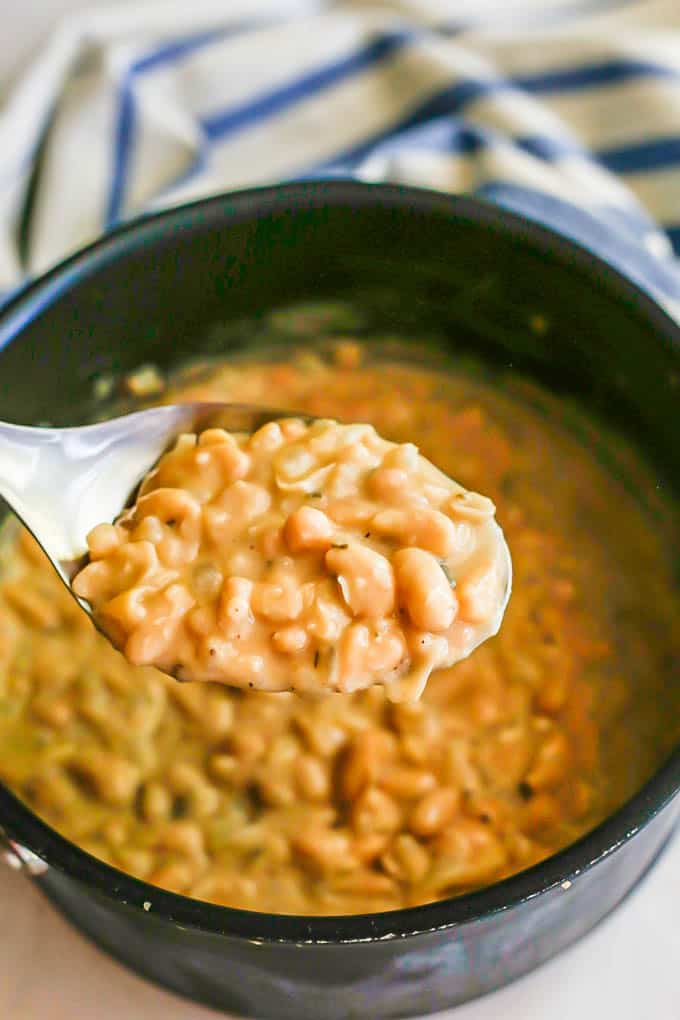 A serving spoon lifting creamy white beans out of a large pot after simmering
