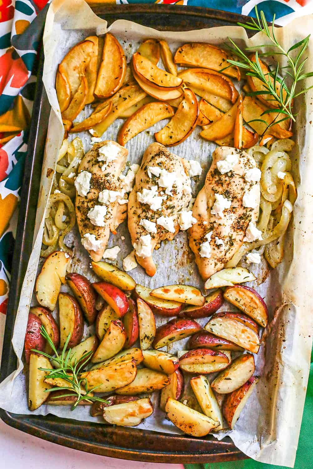 Roasted chicken breasts with rosemary and goat cheese alongside apples, onions and potatoes on a sheet pan