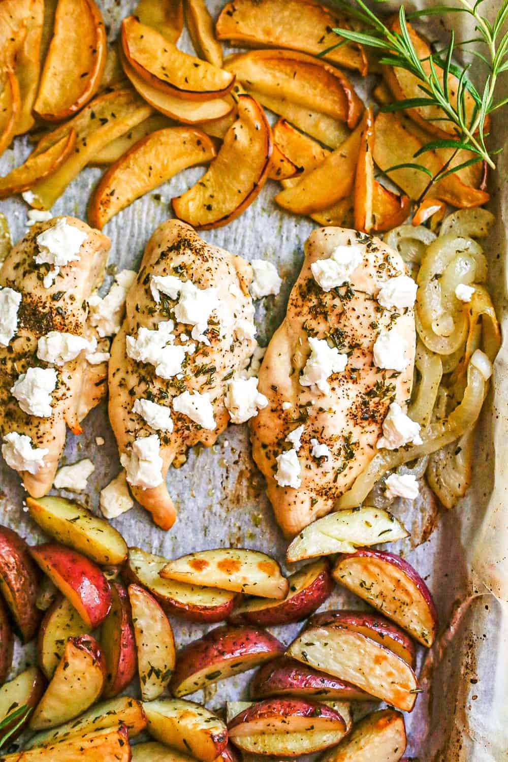 Roasted chicken breasts with apples, onions and potatoes on a sheet pan