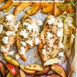 Roasted chicken breasts with apples, onions and potatoes on a sheet pan with a text overlay on the photo