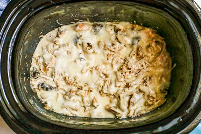 Shredded chicken in a creamy sauce with melted mozzarella cheese on top in a crock pot