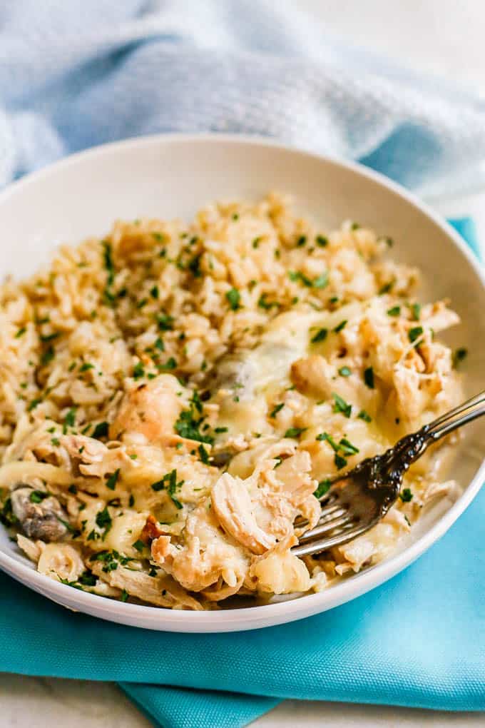 A fork picking up a bite of chicken from a creamy chicken and rice dish in a low white bowl