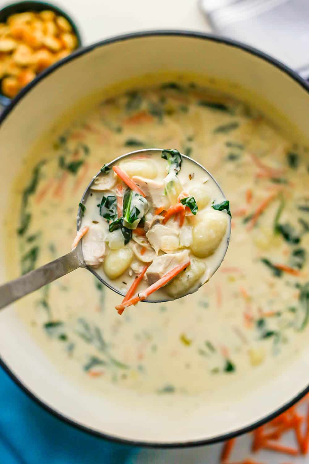 A ladle scooping up chicken gnocchi soup from a large soup pot