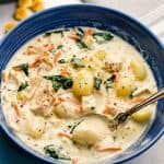 A spoon resting in a blue bowl of chicken gnocchi soup with a text overlay on the photo