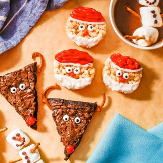 Easy Christmas treats for kids displayed including marshmallow snowmen, reindeer brownies and Santa Rice Krispies