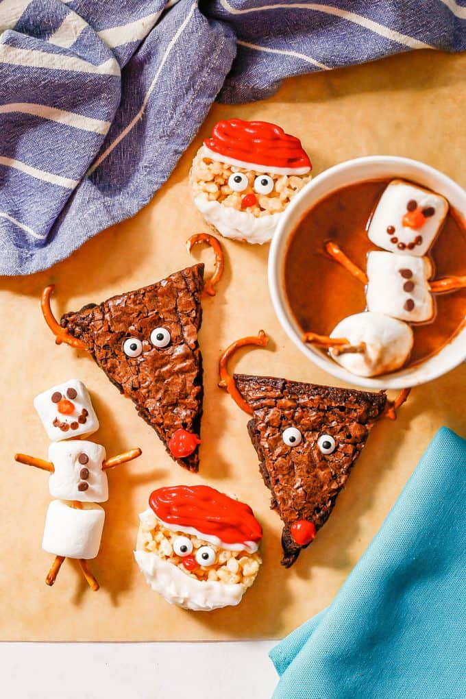 Easy holiday treats for kids, including marshmallow snowmen, reindeer brownies and Santa Rice Krispies