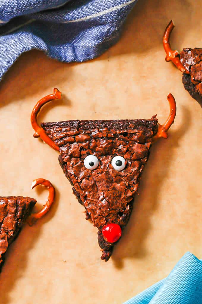 Close up of a Rudolph reindeer brownie with a red nose and pretzel pieces for antlers