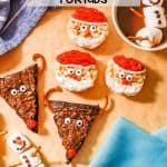 Easy Christmas treats for kids displayed including marshmallow snowmen, reindeer brownies and Santa Rice Krispies with a text overlay on the photo