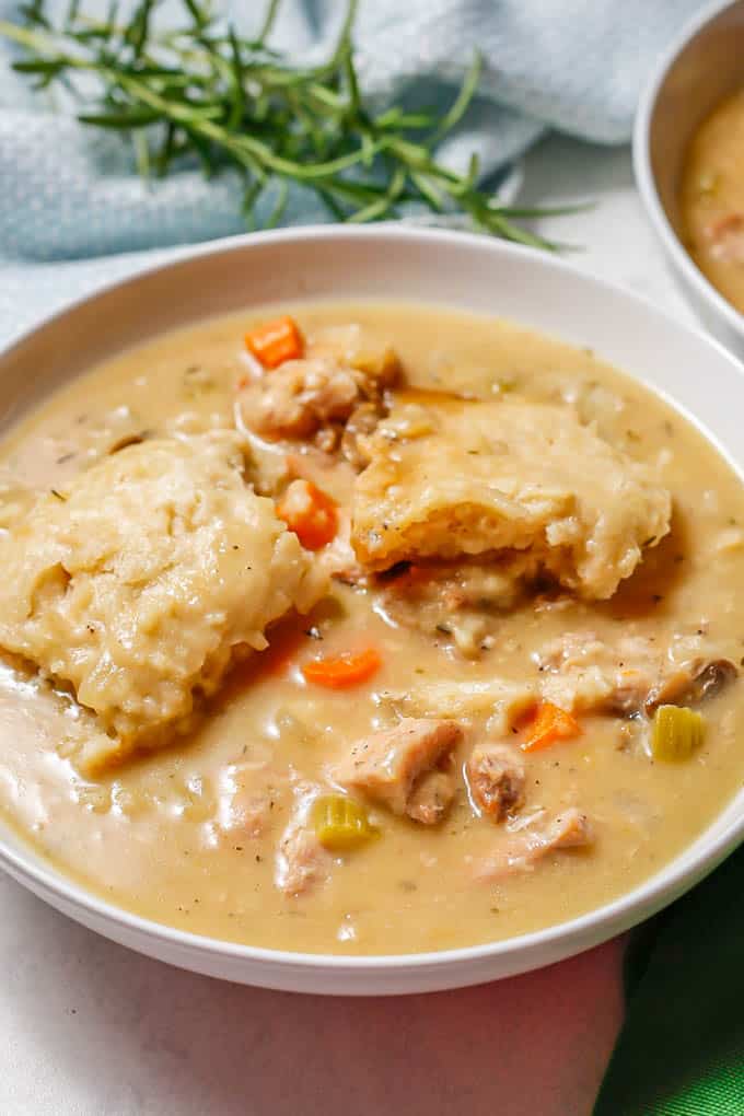 Creamy chicken and dumplings served in a low white bowl with fresh rosemary sprigs in the background.