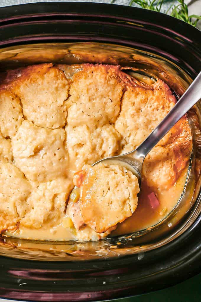 A silver serving spoon resting in a slow cooker with a scoop of chicken and dumplings taken out.