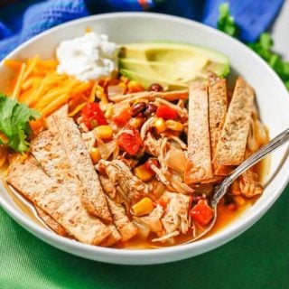 A spoon resting in a low white bowl of a shredded chicken soup with tortilla strips on top