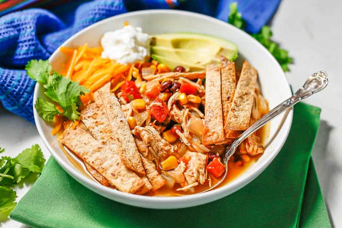 A spoon resting in a low white bowl of a shredded chicken soup with tortilla strips on top