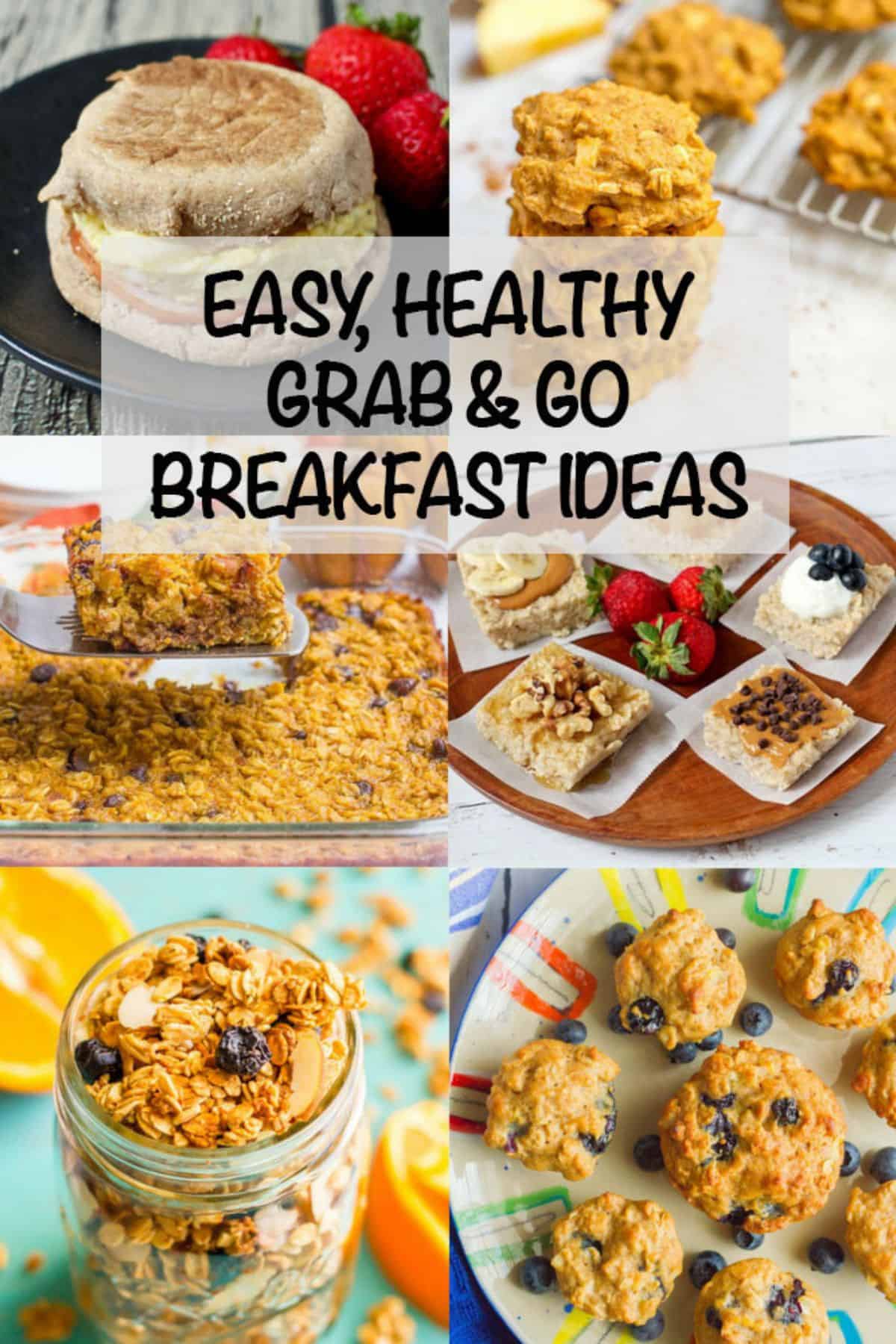 A collage of six different healthy breakfast ideas with a text overlay on the collage.