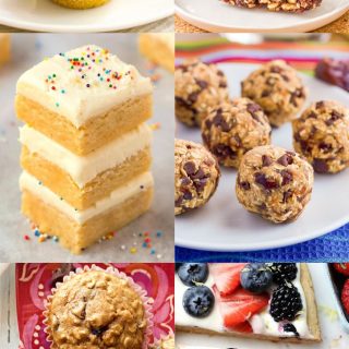 A rectangular collage of 6 different photos of healthy desserts.