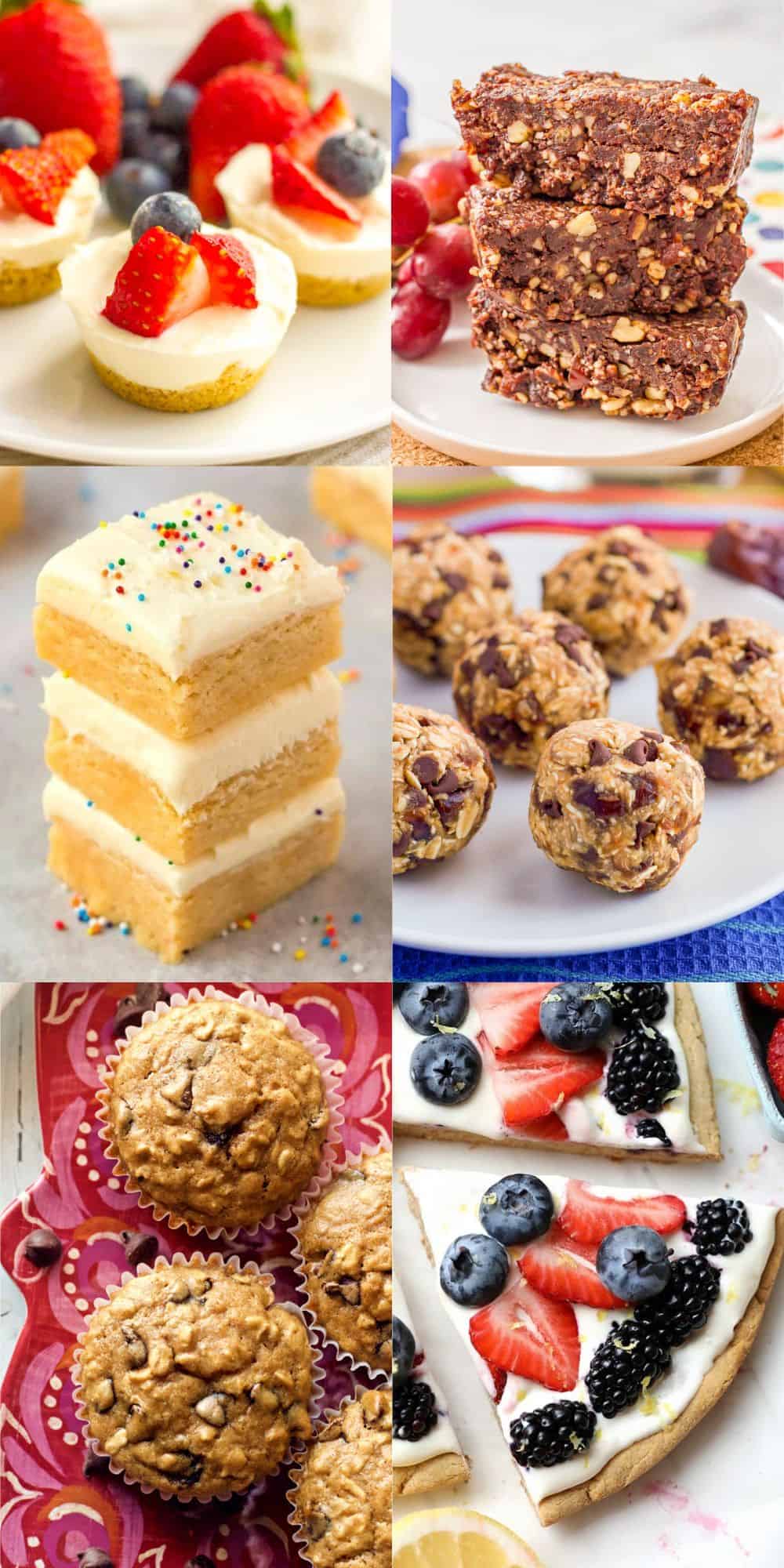 A rectangular collage of 6 different photos of healthy desserts.