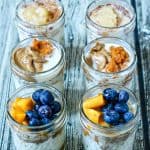 Six glass jars with different flavor combinations of overnight oats and a text overlay on the photo.