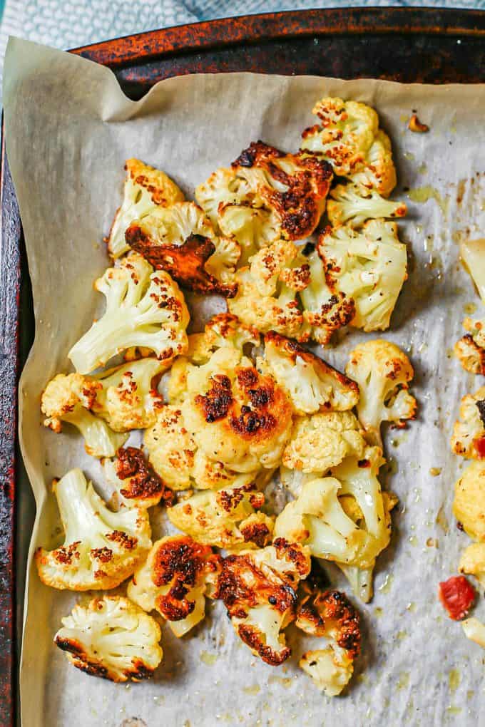 Roasted cauliflower with garlic powder and red pepper flakes.