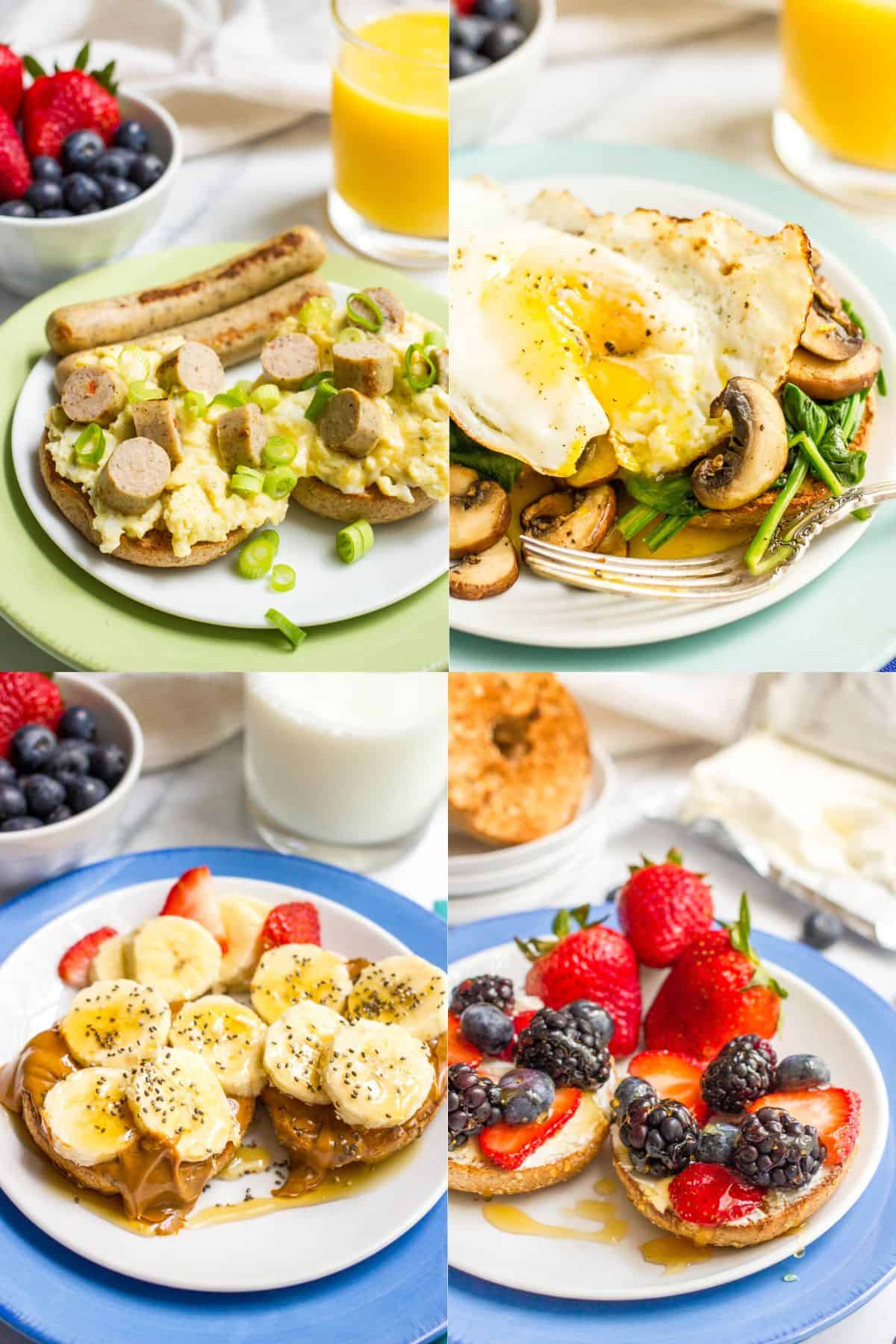 A collage of whole wheat bagels with different healthy toppings.