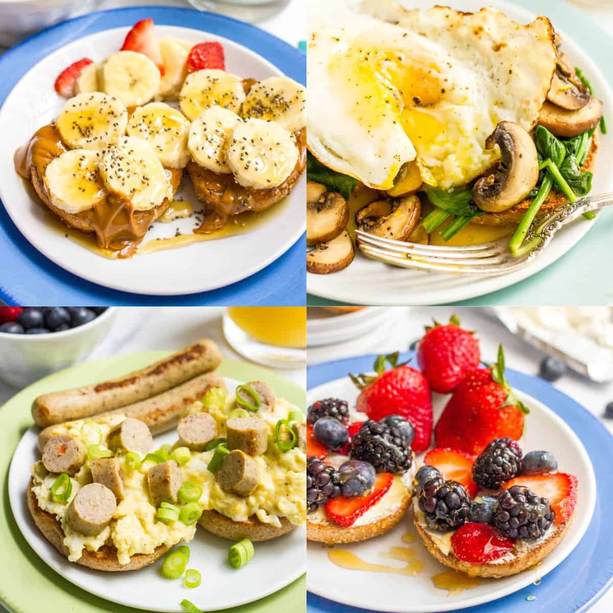 A square collage of whole wheat bagels with different healthy toppings.