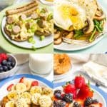 A collage of whole wheat bagels with different healthy toppings with a text overlay on top.