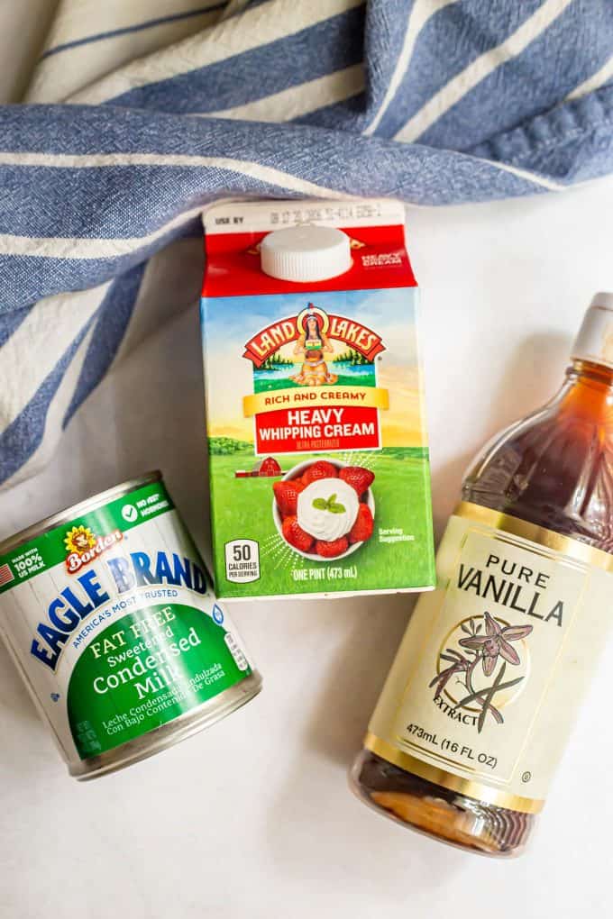 Ingredients laid out on a counter for making homemade no churn ice cream.