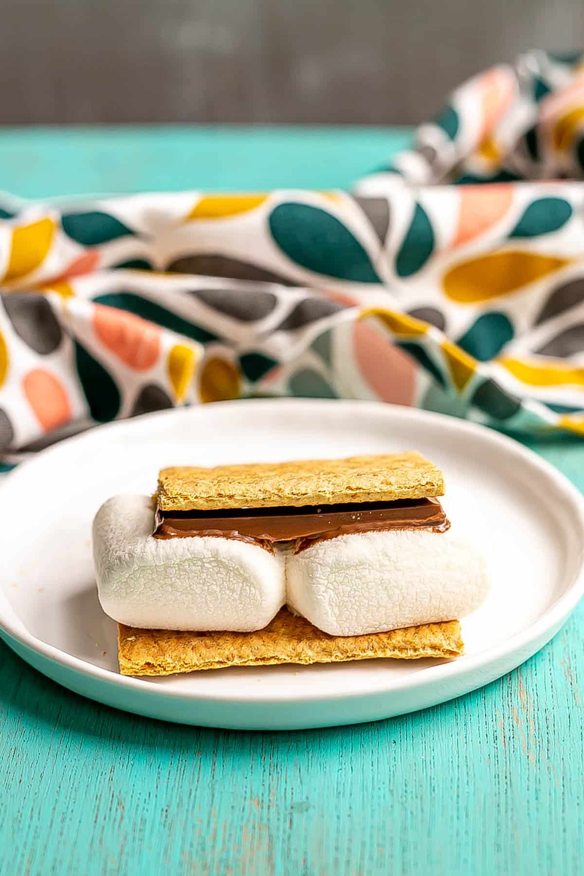 Microwave s'mores served on a small white plate.