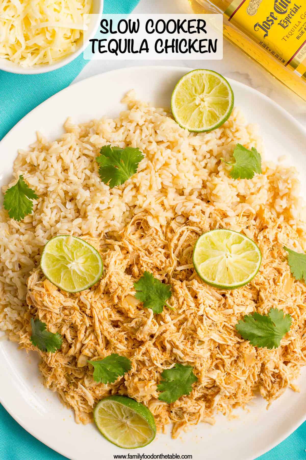 A serving plate loaded with steamed brown rice and shredded tequila chicken topped with cilantro and lime slices.