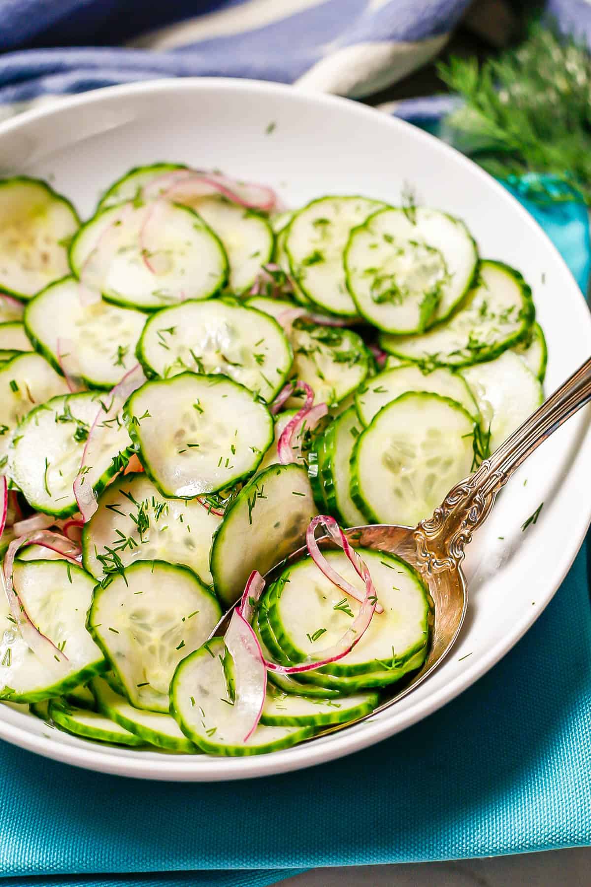 A serving spoon resting in a white bowl with sliced cucumbers and red onions topped with fresh dill.