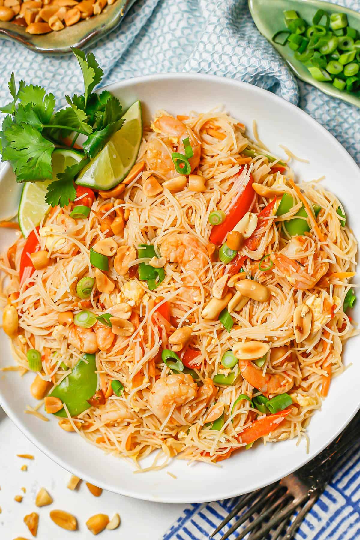 A serving of shrimp pad Thai in a low white bowl with peanuts and green onion on top and a sprig of cilantro and some lime wedges to the side.