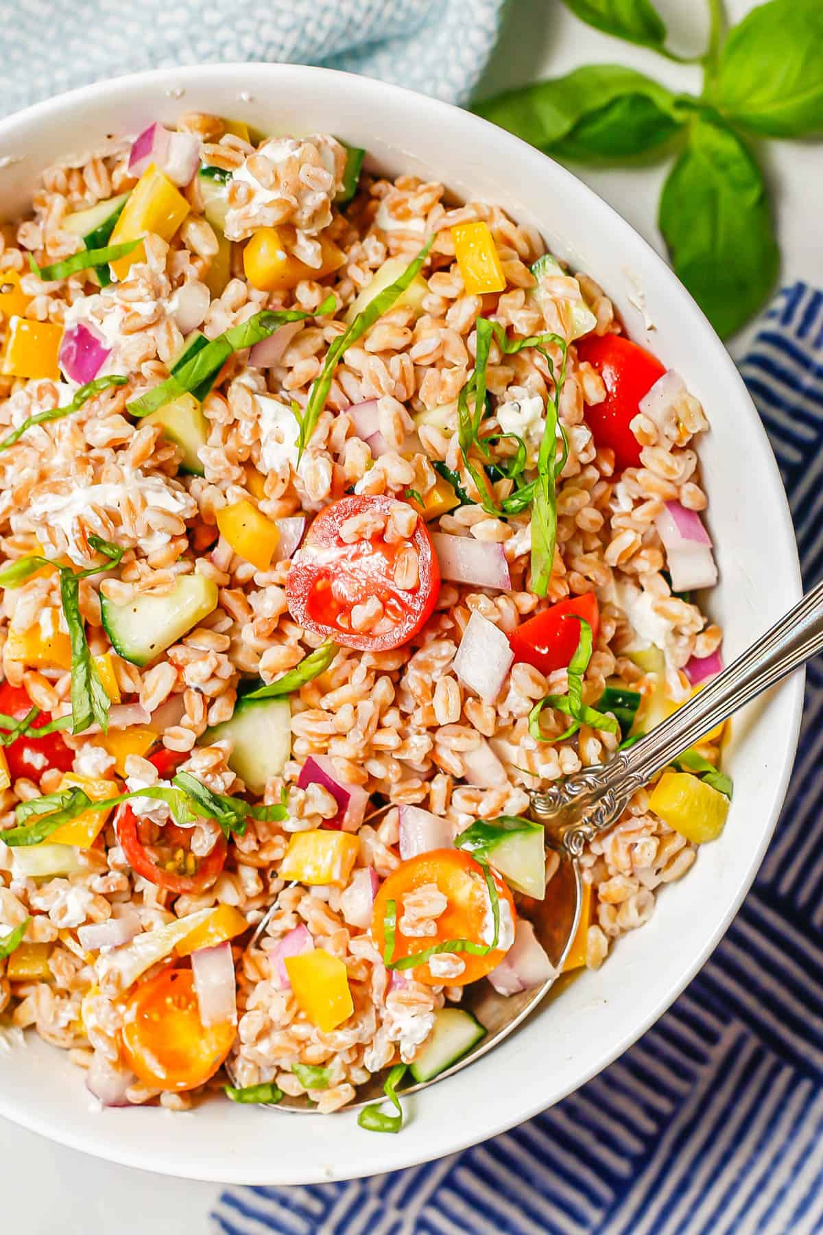 A spoon resting in a bowl of farro salad with fresh vegetables and basil and a basil sprig to the side.