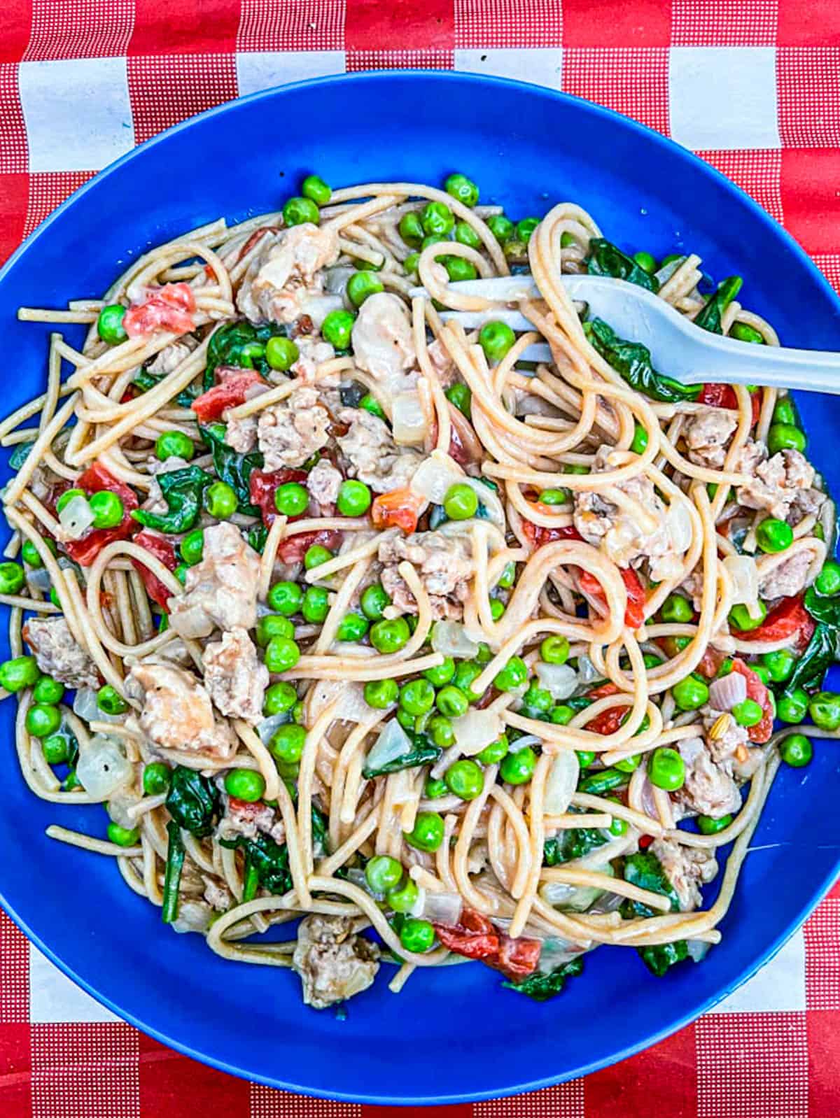 A blue plate on a camp picnic table with spaghetti mixed with turkey sausage and veggies.
