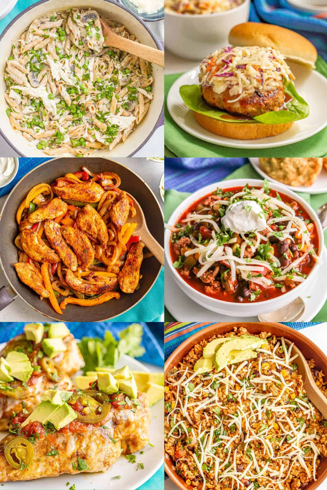 A collage of six different meals that make for a easy camping dinners.