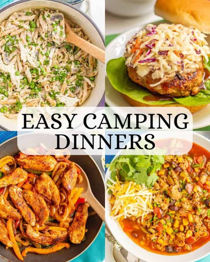 A collage of 4 photos for camping meals with a text overlay on top.