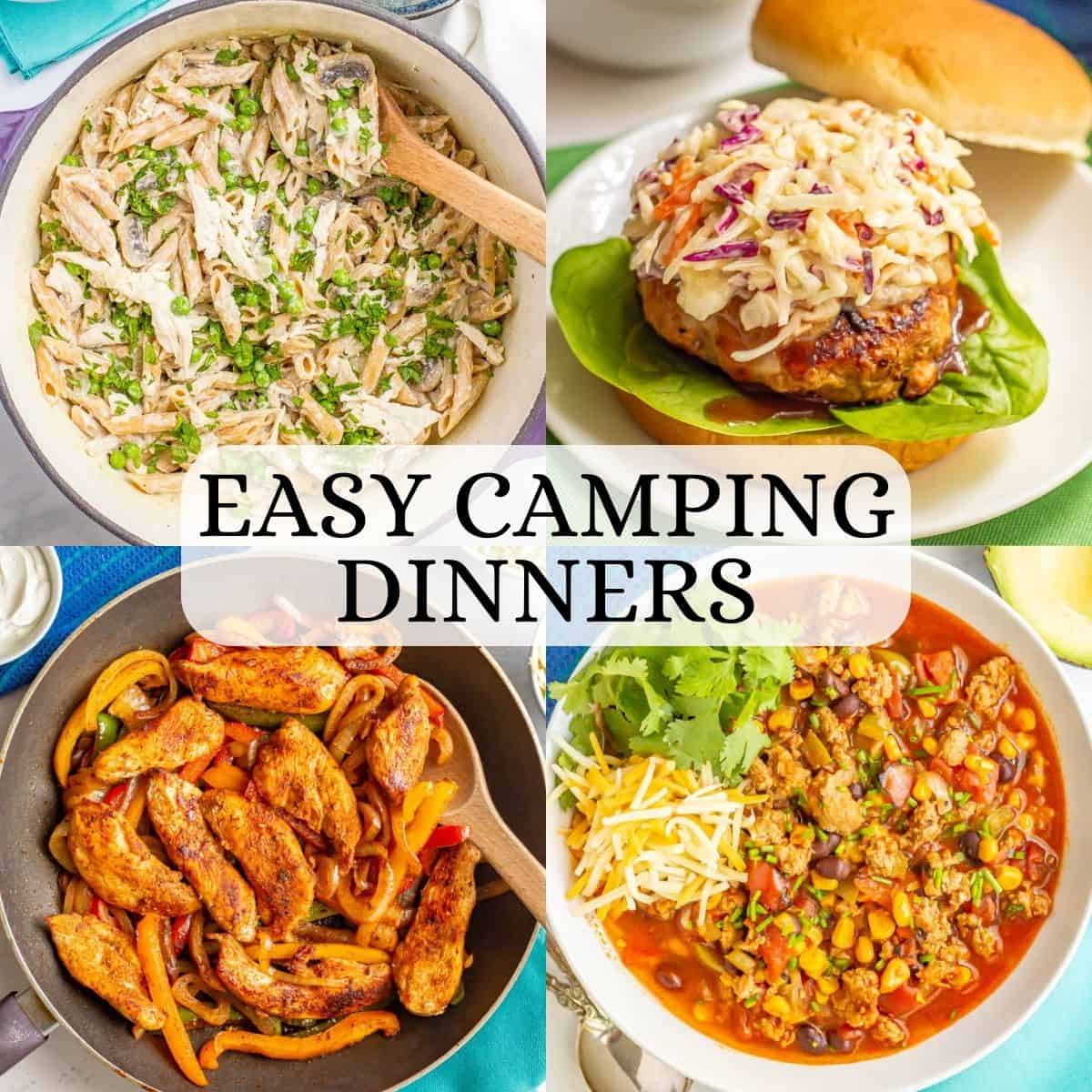 A collage of 4 photos for camping meals with a text overlay on top.